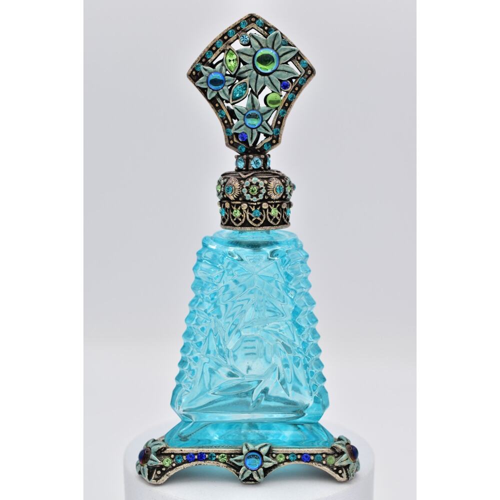 Sweet Romance USA Vintage Perfume Bottle Blue Art Deco Jeweled Floral Motif